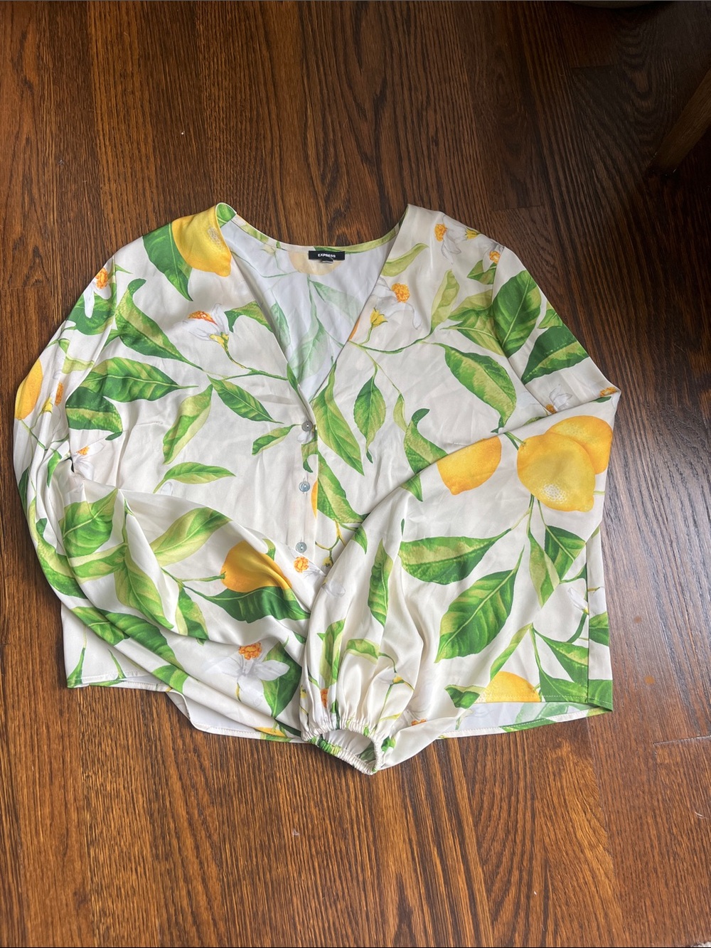 Express White Lemon Print Button-Down Blouse
